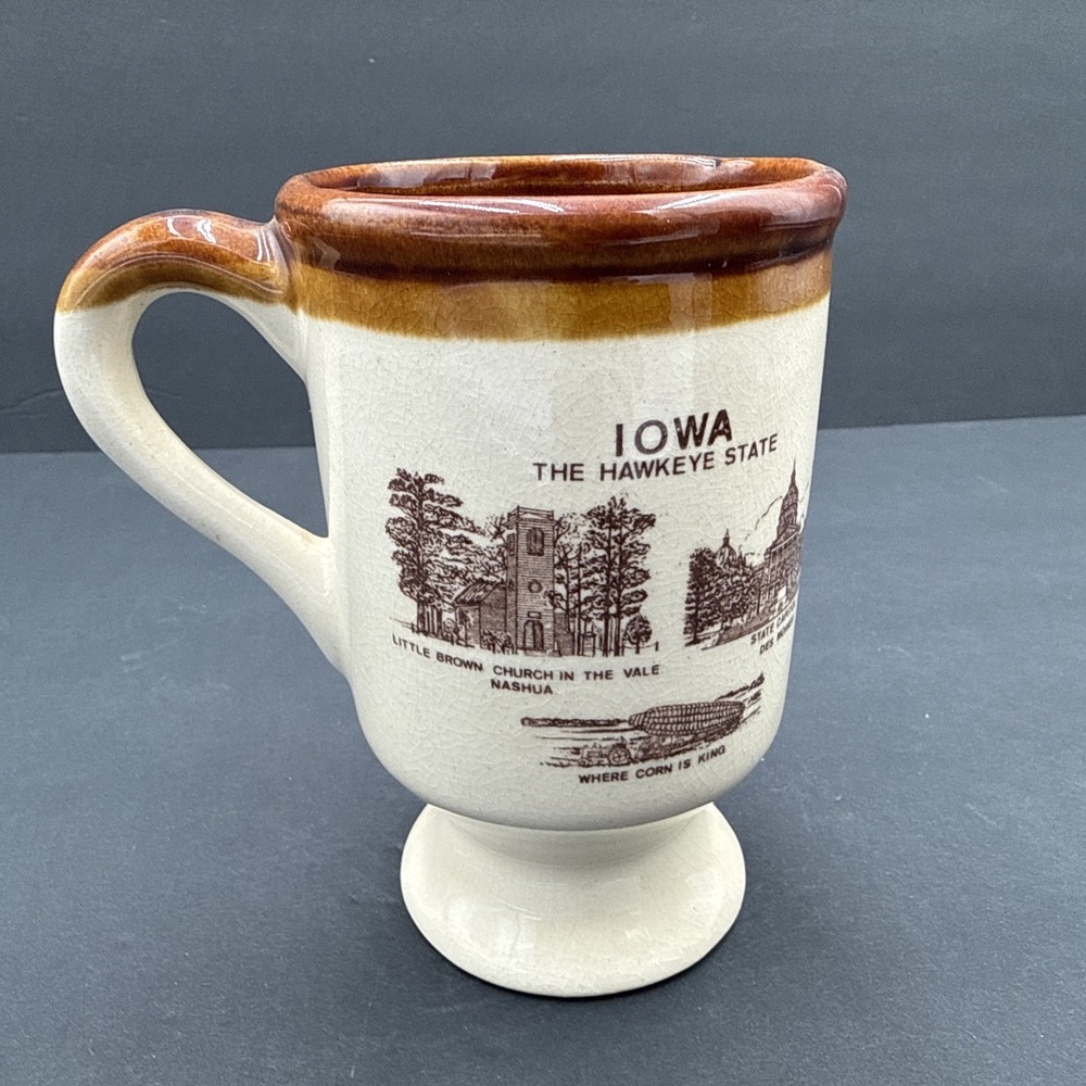 Vtg Iowa Souvenir Footed Coffee Mug Cup The Hawkeye State Brown Scenic